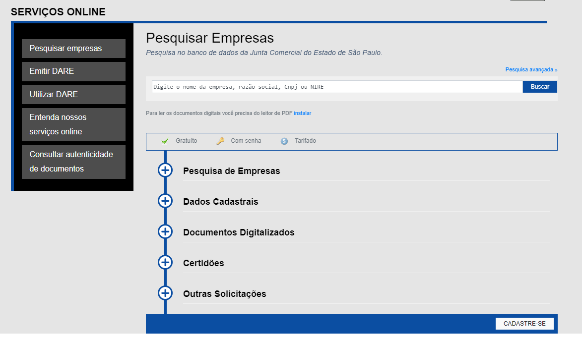 Site da Jucesp, portal onde tem como consultar contrato social de empreendimentos em São Paulo.