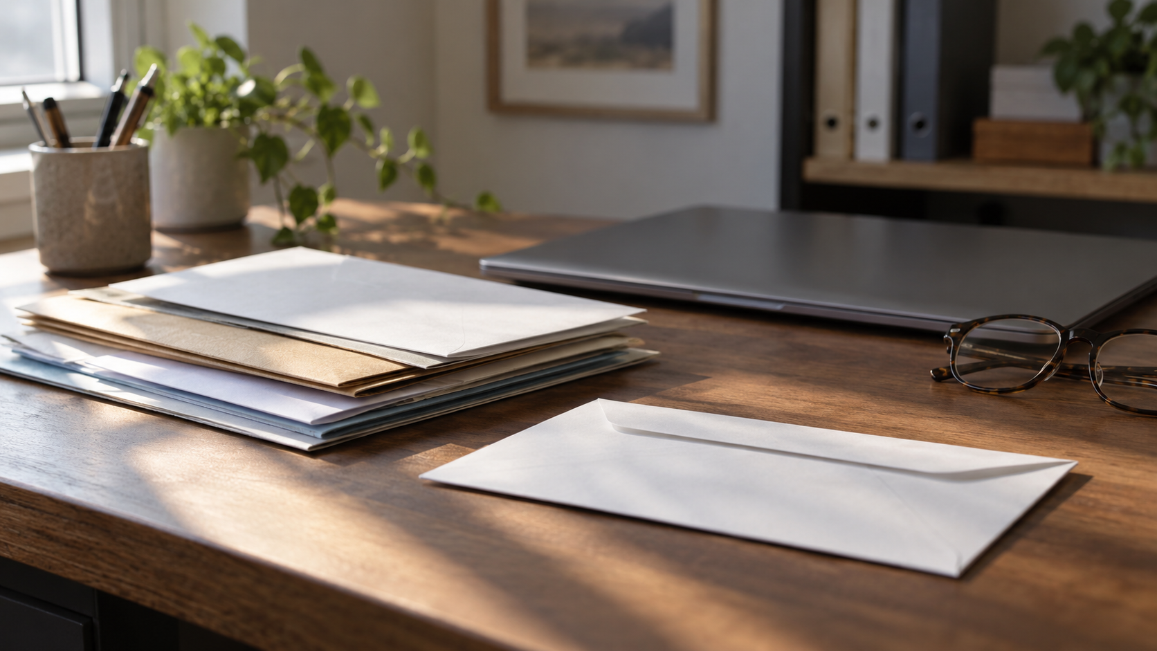 Envelopes fechados e documentos sobre a mesa de um escritório, ao lado de um notebook.