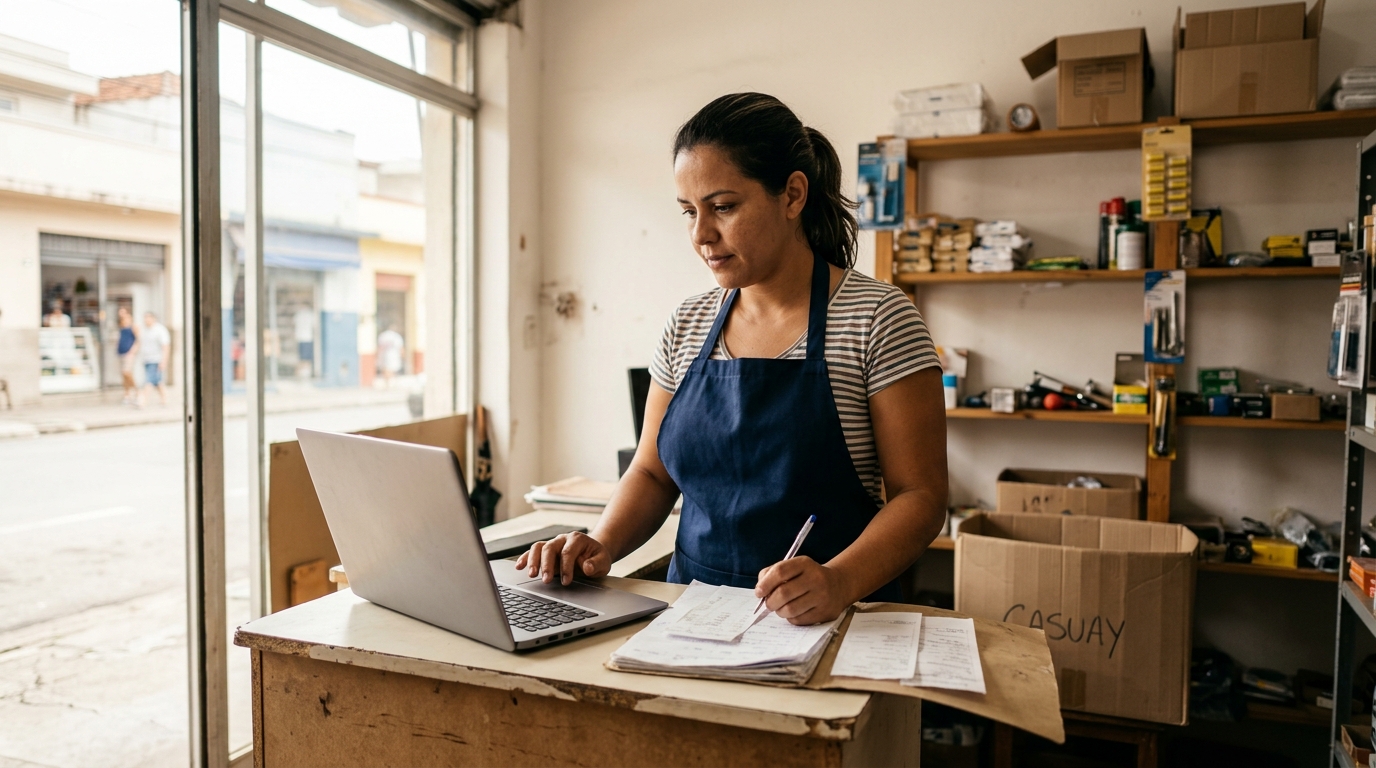 Empreendedora e contador analisando dados no notebook para comparar a alíquota de ISS entre cidades.